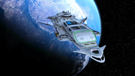 3D rendering of a spaceship and the earth