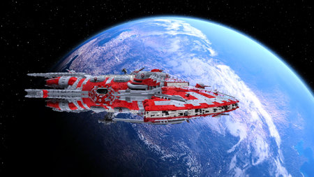 3D rendering of a spaceship and the earthの写真素材