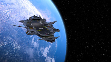 3D rendering of a spaceship and the earth