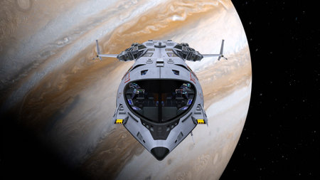 3D rendering of a spaceship and the planet
