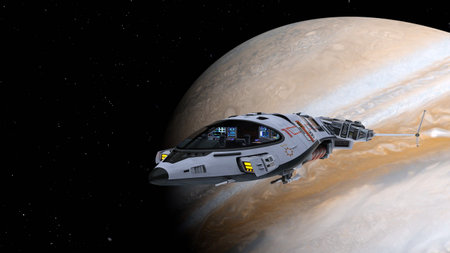 3D rendering of a spaceship and the planet