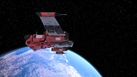 3D rendering of a spaceship and the earthの写真素材