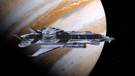 3D rendering of a spaceship and the planet