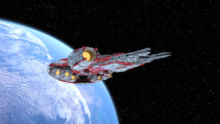 3D rendering of a spaceship and the earth