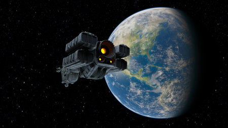 3D rendering of a spaceship and the earthの写真素材