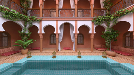 3D rendering of the hotel courtyard with swimming pool