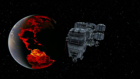 3D rendering of a spaceship and the planetの写真素材