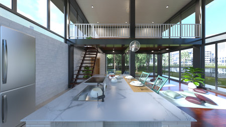 3D rendering of the dining room with large windowsの写真素材