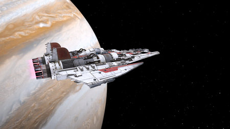 3D rendering of a spaceship and the planet