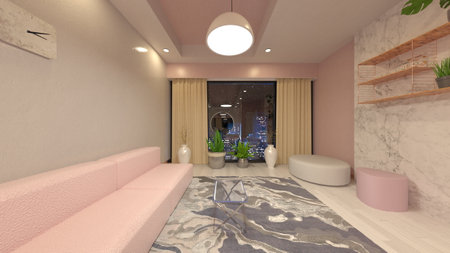 3D rendering of the living room with night view