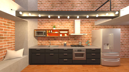 3D rendering of the living room and dining room with brick wallsの写真素材
