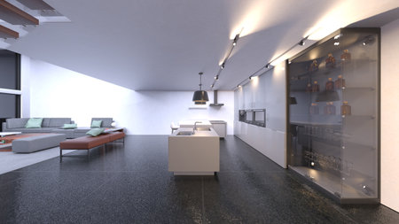 3D rendering of the living room and dining room