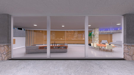 3D rendering of the living room and dining room with night view
