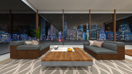 3D rendering of the living room with night view