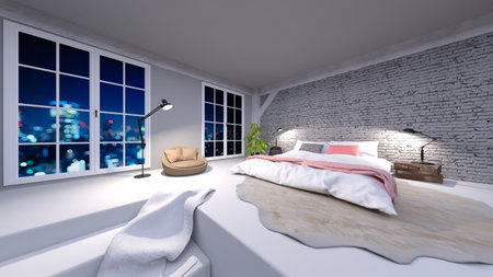 3D rendering of the bedroom with night viewの写真素材