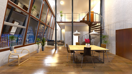 3D rendering of the living room and dining room with night view