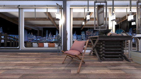 3D rendering of the living room and dining room with night view