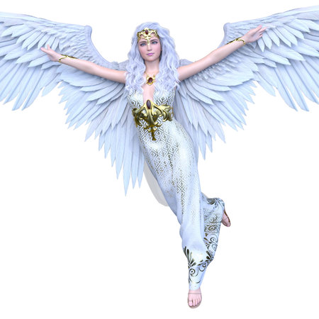 3D rendering of an angel with outstretched wingsの写真素材
