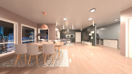 3D rendering of the living room with night view