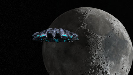 3D rendering of the moon and U.F.O.の写真素材