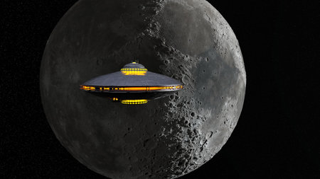 3D rendering of the moon and U.F.O.の写真素材