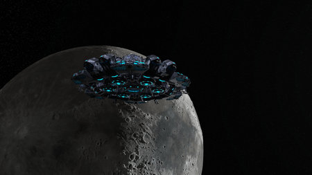3D rendering of a spaceship and the moonの写真素材