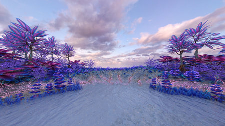 3D rendering of the island with colorful plants