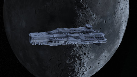 3D rendering of a spaceship and the moonの写真素材