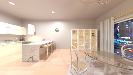 3D rendering of the dining room with night view