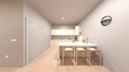 3D rendering of the dining room with night viewの写真素材