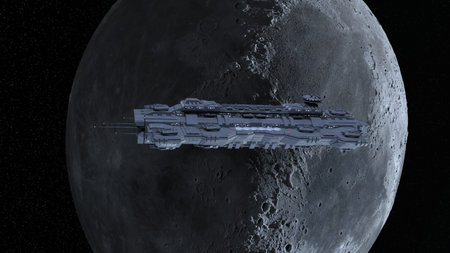 3D rendering of a spaceship and the moonの写真素材