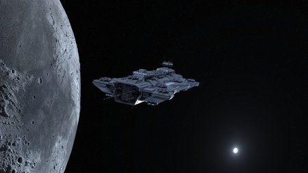 3D rendering of a spaceship and the moonの写真素材