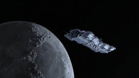 3D rendering of a spaceship and the moonの写真素材