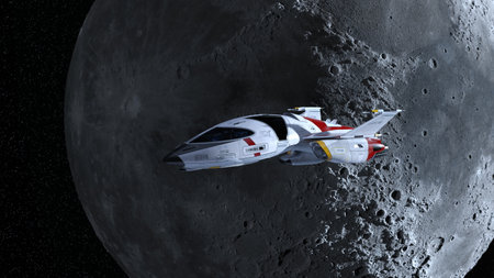3D rendering of a spaceship and the moon