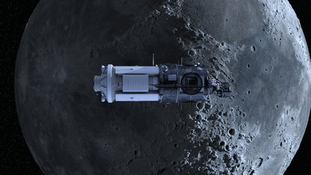 3D rendering of the artificial satellite and the moonの写真素材