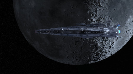3D rendering of a spaceship and the moonの写真素材