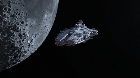 3D rendering of a spaceship and the moonの写真素材