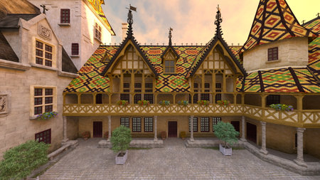 3D rendering of the mosaic patterned roofs town