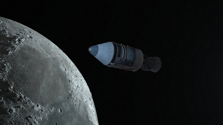 3D rendering of a spaceship and the moonの写真素材