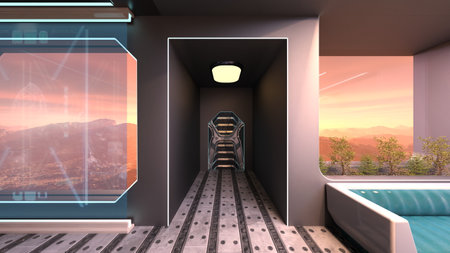 3D rendering of the living room with large windows