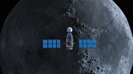 3D rendering of the artificial satellite and the moonの写真素材