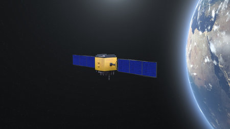 3D rendering of the artificial satellite and the Earthの写真素材