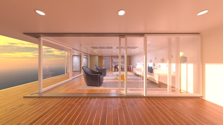 3D rendering of the living room with sea view