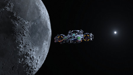3D rendering of a spaceship and the moon