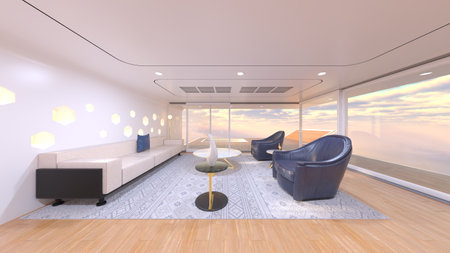 3D rendering of the living room with large windows