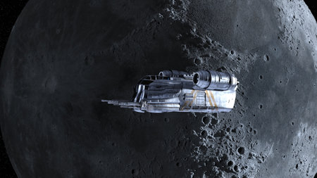3D rendering of a spaceship and the moon