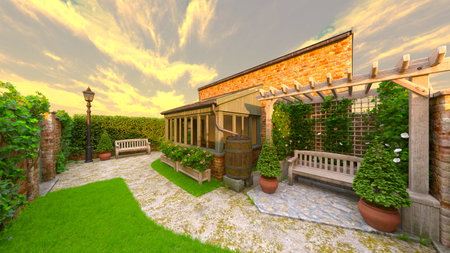 3D rendering of the backyard with white benchesの写真素材