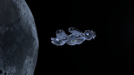 3D rendering of a spaceship and the moonの写真素材