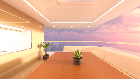 3D rendering of the living room with large windowsの写真素材