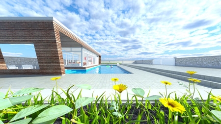 3D rendering of the rooftop swimming poolの写真素材